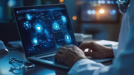Healthcare professional working on a laptop with digital health data analytics in a modern clinic environment at night
