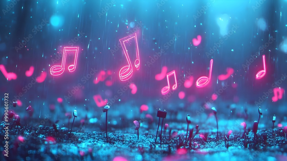 Poster neon hued musical notes floating in an imaginative harmony