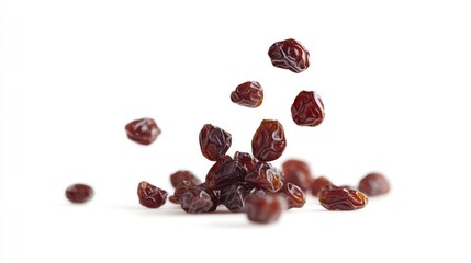 Obraz premium A handful of raisins falling on a white surface.