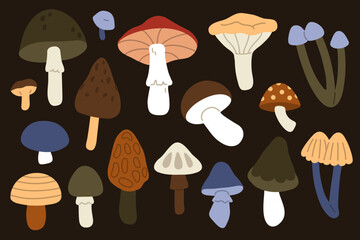 Vector illustration set of cute doodle mushrooms for digital stamp,greeting card,sticker,icon,healthy food design