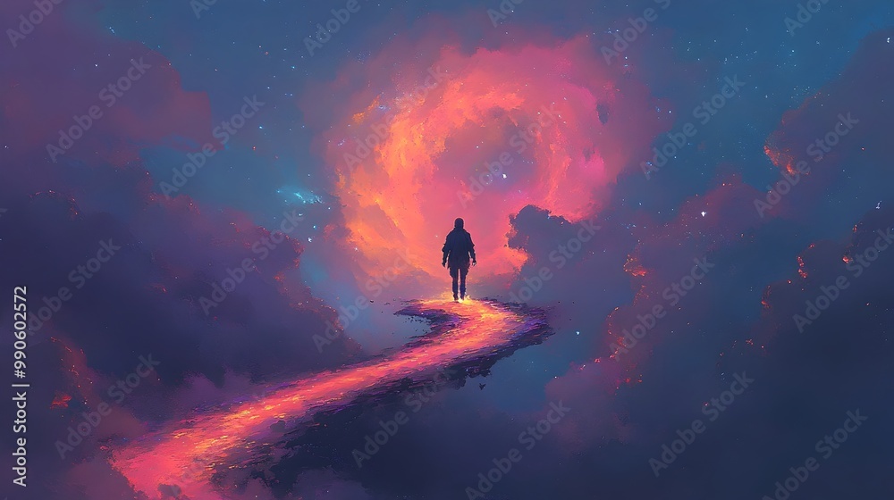 Poster Surreal Figure Traversing a Luminous Chromatic Path Amid Captivating Swirling Clouds in the Sky