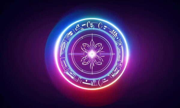 Cartoon-style magic spell casting with glowing symbols, radiant circles, a dark backdrop.