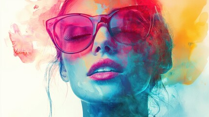 Obraz premium Captivating Colorful Portrait of a Glamorous Woman in Vibrant Makeup and Eyeglasses