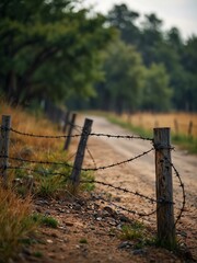 Fototapeta premium Blurry barbed wire along a dusty country road.