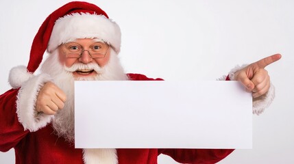 Joyful Santa Claus joyfully points at a blank banner, ready for festive Christmas messages and New Year greetings against a minimalist background