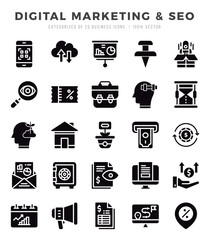 Set of Digital Marketing & SEO Icons. Simple line art style icons pack.