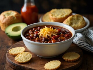 Bowl of chili with cornbread on the side.