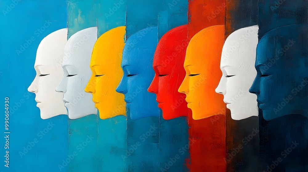 Poster vibrant and expressive abstract faces representing the imagination