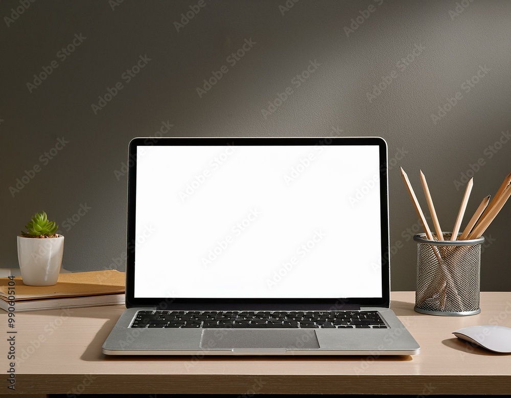 Wall mural laptop with blank empty white screen display mock-up, isolated on white background clipping path, fu