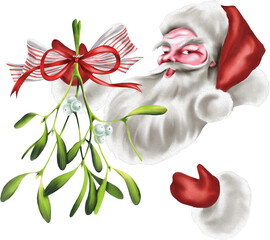 Vintage Christmas illustration with classic Santa Claus holding a holly berry and mistletoe branch. Retro illustration.