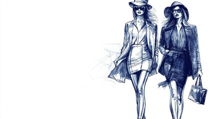 Two Fashionable Women Walking Down the Runway in Sleek Monochrome Outfits
