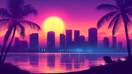 Sunset Cityscape with Palm Trees