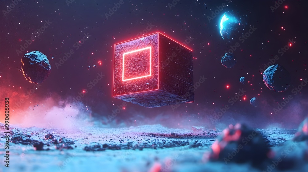 Aufkleber vibrant neon geometric shapes floating in abstract futuristic space