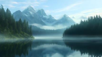 A serene lake surrounded by dense forests and towering mountains, reflecting the clear blue sky with soft mist rising from its surface