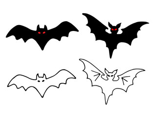 Bat silhouette with red eyes. Black outline drawing for Halloween. Hand drawn isolated graphic clipart. Simple Doodle style. Line illustration of creepy animal for dark, gothic themes