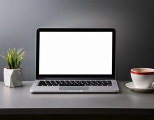 Fototapeta premium Laptop with blank empty white screen display mock-up, isolated on white background clipping path, full depth of field . silver open Isolated Devices Mockup 