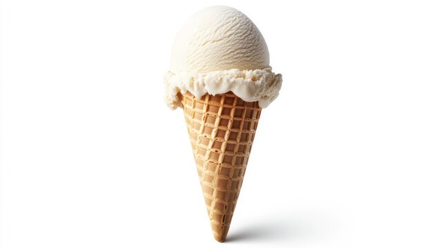 A single scoop of vanilla ice cream in a waffle cone, isolated on white background.