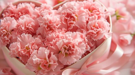 Close-up of a heart-shaped gift box overflowing with delicate pink carnations and tied with a satin ribbon, perfect for celebrating love and affection.