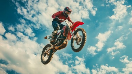 A motorcyclist performs an impressive jump against a bright, cloudy sky, showcasing skill and adrenaline in motocross.