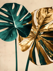 Golden and green leaves of the monstera on a beige background.