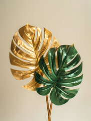 Golden and green leaves of the monstera on a beige background.