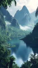 A serene lake surrounded by dense forests and towering mountains, reflecting the clear blue sky with soft mist rising from its surface