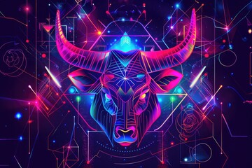 Futuristic taurus zodiac sign with neon colors and geometric patterns. AI