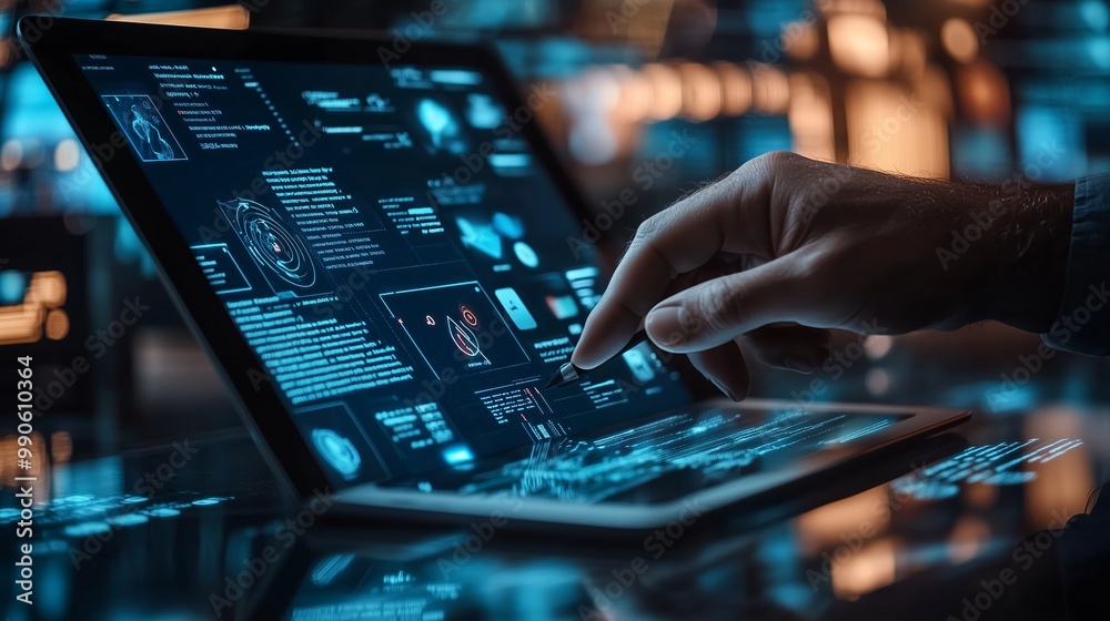 Poster a person interacts with a high-tech tablet displaying advanced data analytics in a modern workspace 