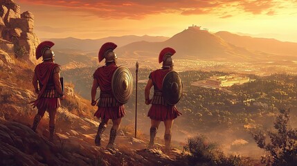 Obraz premium Three Spartan Warriors Gaze Upon Ancient Athens at Sunset