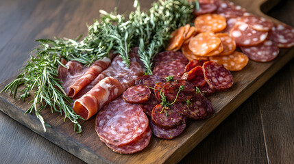 A rustic  board with various cured meats like salami, pepperoni and ham with fresh herbs like rosemary