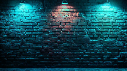 Illuminated brick wall with blue and teal lighting in an urban setting at night