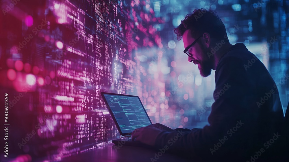 Poster a focused programmer coding on a laptop amid vibrant digital data visuals in a modern tech environme
