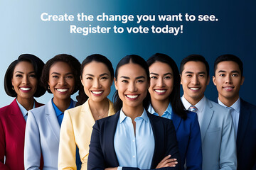 Business females and males with motivation quote create the change you want to see in concept register to vote.