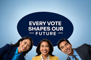 Business females and male with motivation quote every vote shapes our future  in concept register to vote on blue background with copy space.