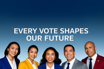 Business females and males with motivation quote every vote shapes our future in concept register to vote on blue background with copy space.