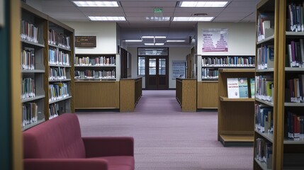 A quiet library interior with shelves of books and a seating area.