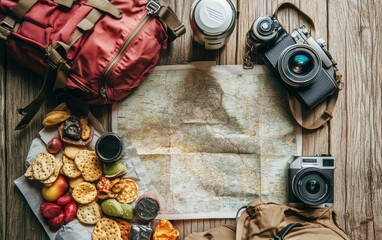 Vintage style travel setup with backpack, map, cameras, and snacks on wooden surface, inspiring wanderlust and outdoor exploration