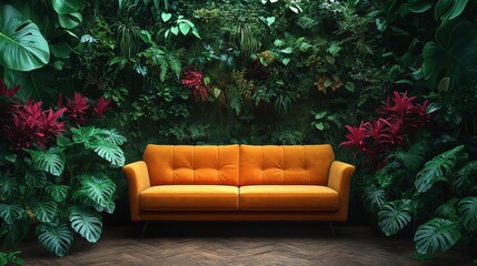 Obraz premium Orange Couch in a Lush Indoor Garden Generative AI