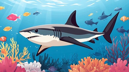 Obraz premium A large, grey shark swims through a colorful coral reef with a school of smaller, brightly colored fish.