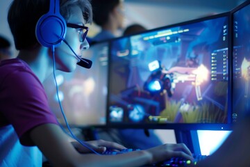 A passionate gamer girl skillfully plays a first-person shooter on her dual monitors. Surrounded by neon lights, she sports glasses and a headset, fully focused on the game.