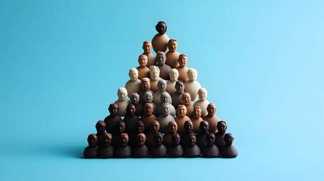 1. **Create a 3D clay render of a population pyramid illustrating workforce age distribution. The pyramid should feature distinct age groups, with each layer represented in different shades of clay,