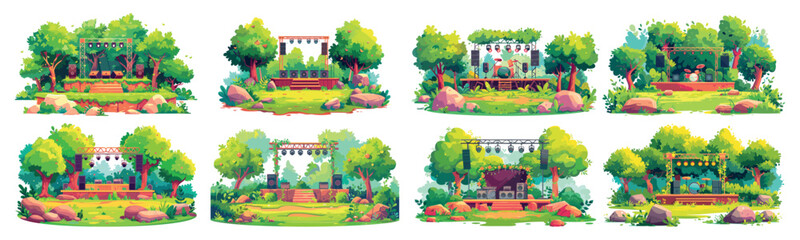Sound performance forest arena cartoon vector set. Music stage trees shrubs greenery amplifiers projectors percussion metal enclosure platform scene outdoor park open air festival isolated artworks