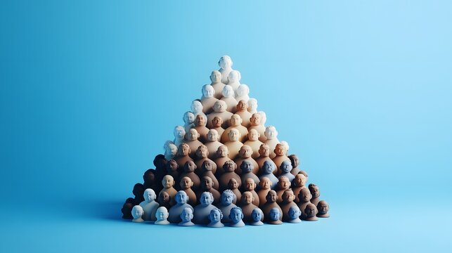 1. **Create a 3D clay render of a population pyramid illustrating workforce age distribution. The pyramid should feature distinct age groups, with each layer represented in different shades of clay,