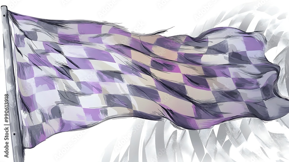 Poster a checkered flag with purple and white squares, blowing in the wind.