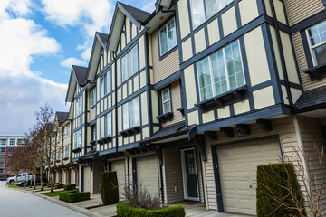 Obraz premium New Modern House Apartment Buildings in Vancouver BC. Canadian modern residential architecture. Real estate.