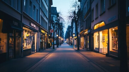 A quiet street scene at dusk with shops lining both sides.