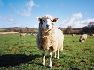 Obraz premium A sheep stands proudly in a lush green field under a bright blue sky on a sunny day in the countryside