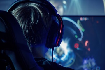 In a dimly lit neon room, a skilled cyber athlete engages intensely in a competitive shooter game, headphones snugly in place, focused on the screen.