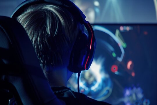 In a dimly lit neon room, a skilled cyber athlete engages intensely in a competitive shooter game, headphones snugly in place, focused on the screen.