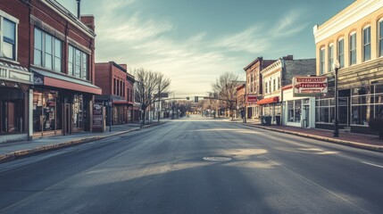 Fototapeta premium A quiet street scene featuring charming storefronts and a clear sky.